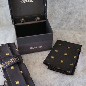 Black & Gold Silk Tie, Pocket Square And Cuff Links Set 100% Silk NIB